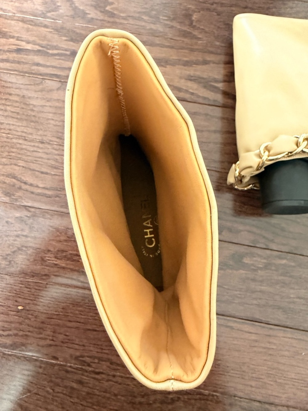 CHANEL Beige Leather Mid-Calf Boots with Black Cap Toe & Gold Chain - Picture 5 of 9